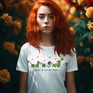 White Graphic Tee with Dog Print For St. Patrick Day Shirt